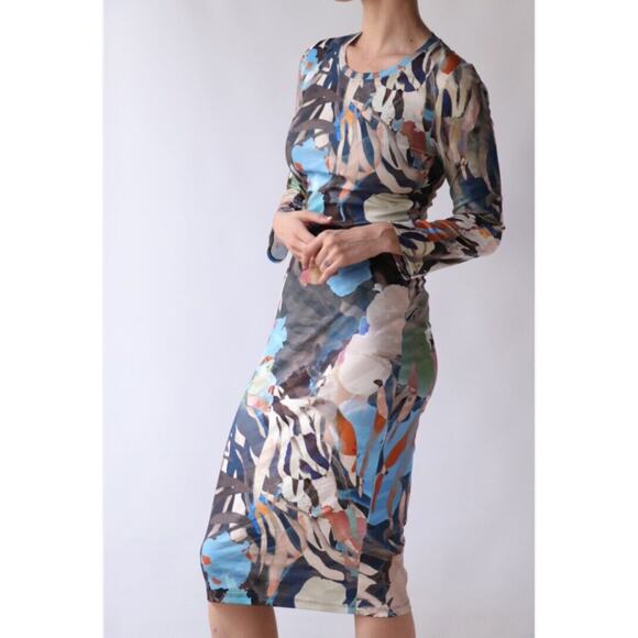 Raquel Allegra Jersey MIDI Dress Blue Collage Art To Wear Size 0 US XS New m15 - Picture 2 of 9